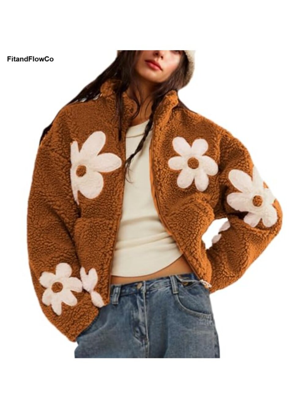 Womens Floral Sherpa Fleece Cropped Jacket Zip Teddy Coat